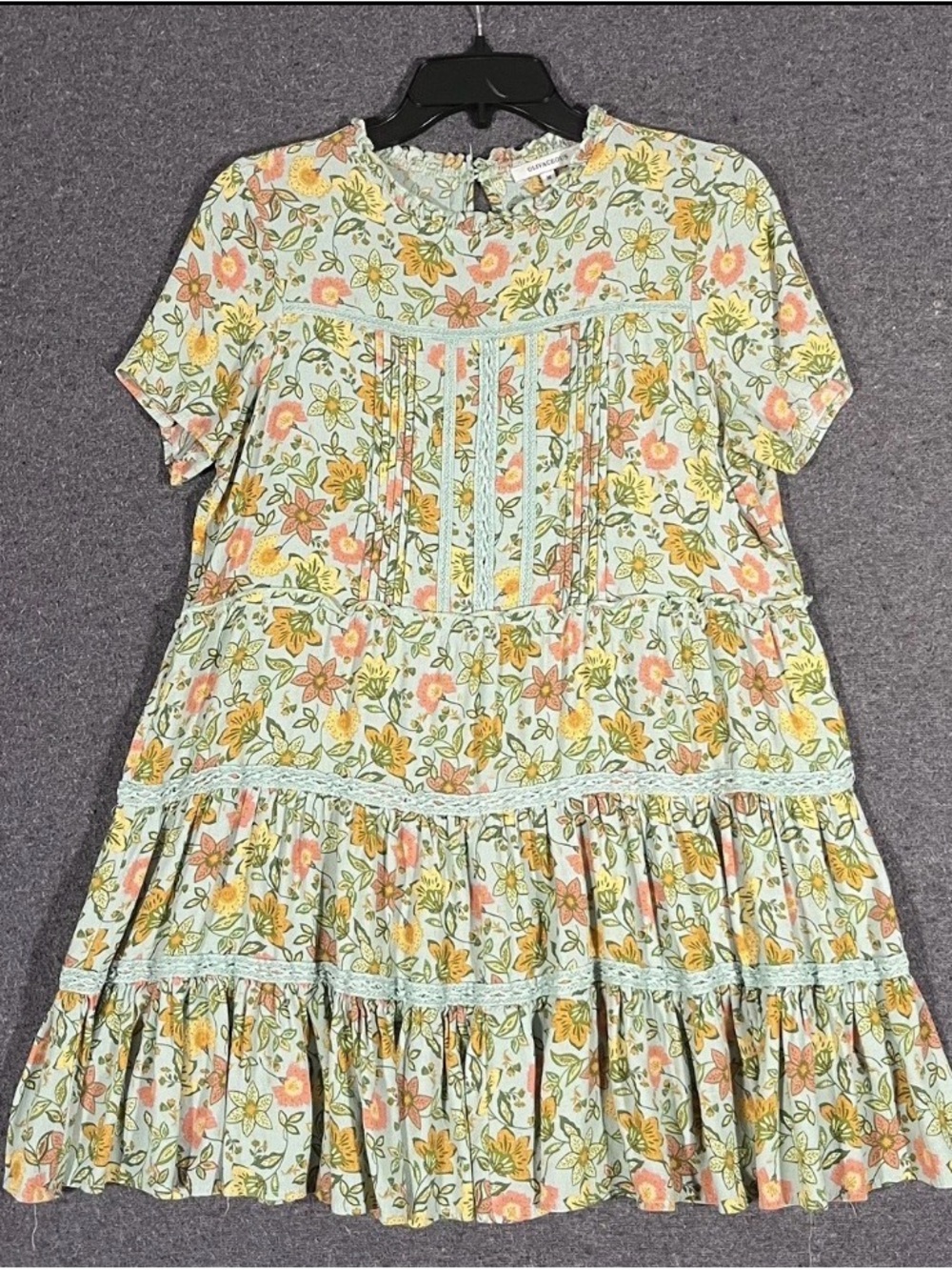 Olivaceous Mint Green Floral Tiered Dress with Pink & Yellow Blooms